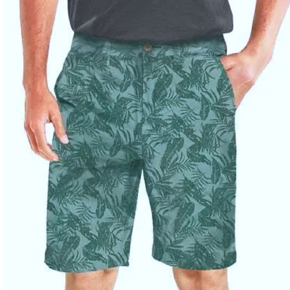 BERKLEY JENSEN Mens Sz 38 Tropical Teal Green Leaf Print Shorts Flat Front - Picture 1 of 8
